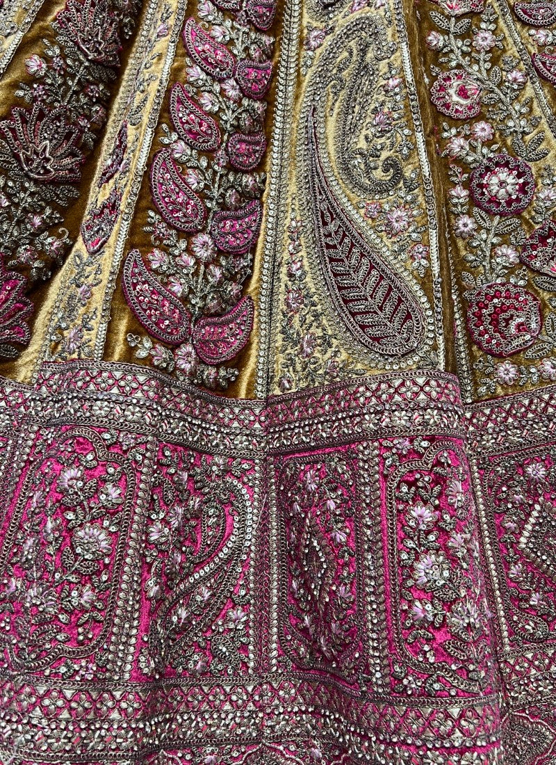 Designer Heavy Dori Embroidery with Beautiful crafted Velvet Work Patch work Bridal Mustard Lehengacholi