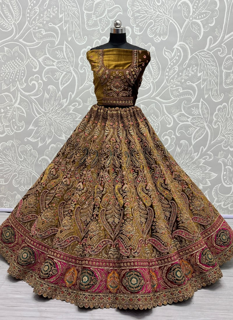 Fabulously Crafted Pastel Velvet Designed Fancy Embroidered Bridal Golden Lehengacholi with Double Dupatta