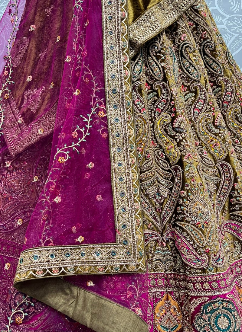 Fabulously Crafted Pastel Velvet Designed Fancy Embroidered Bridal Golden Lehengacholi with Double Dupatta