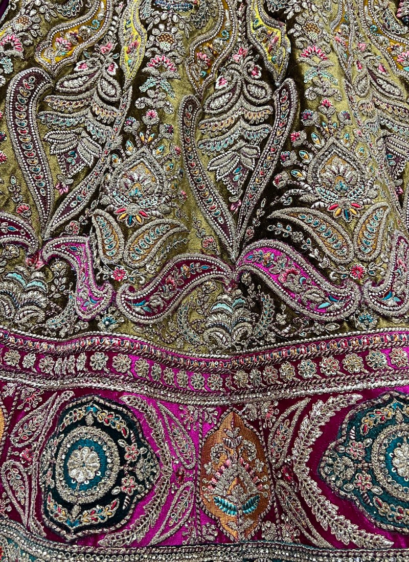 Fabulously Crafted Pastel Velvet Designed Fancy Embroidered Bridal Golden Lehengacholi with Double Dupatta