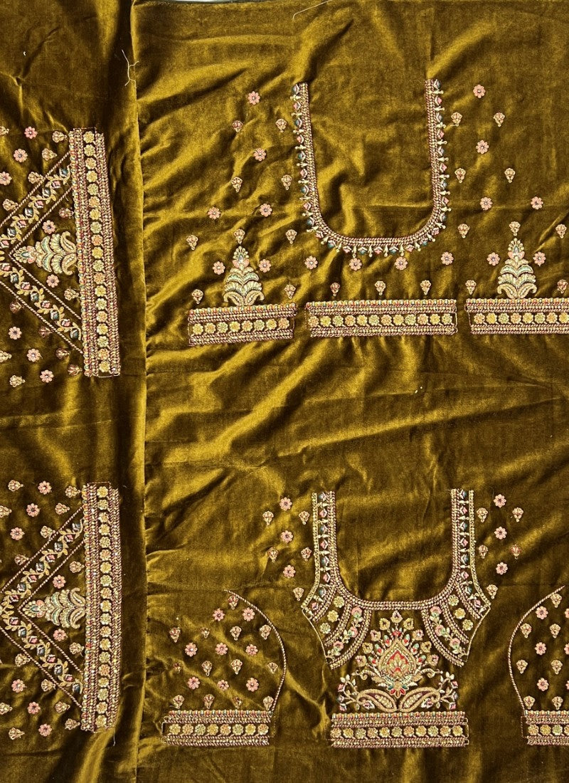 Fabulously Crafted Pastel Velvet Designed Fancy Embroidered Bridal Golden Lehengacholi with Double Dupatta