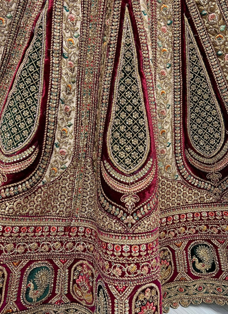 Five Meter Plus Flaired Bridal Maroon Lehenga Fancy embroidery with Double Dupatta