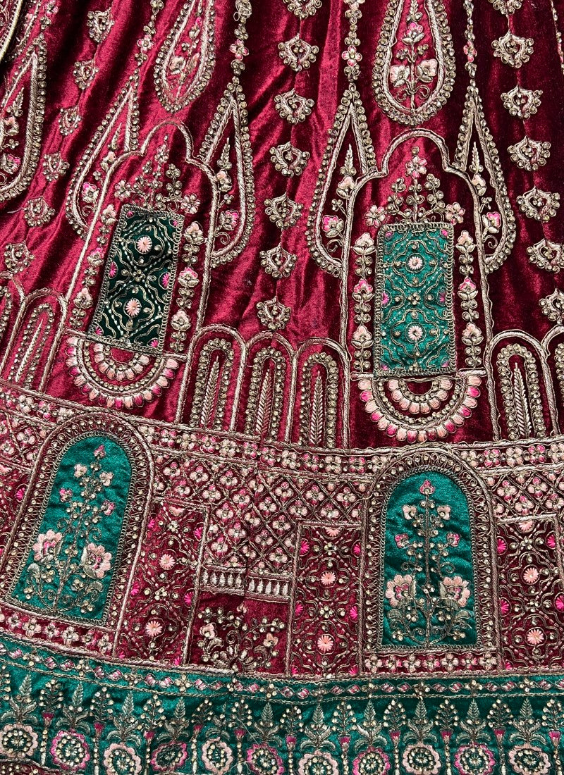 Velvet patch embroidered Maroon Lehengacholi