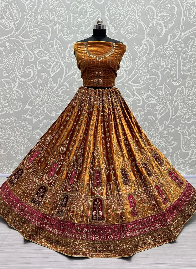 Velvet patch embroidered Mustard Lehengacholi