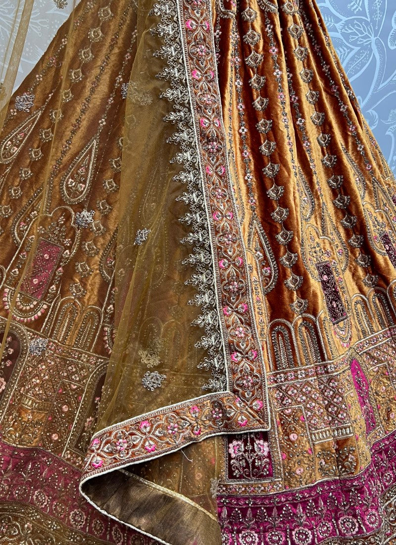 Velvet patch embroidered Mustard Lehengacholi