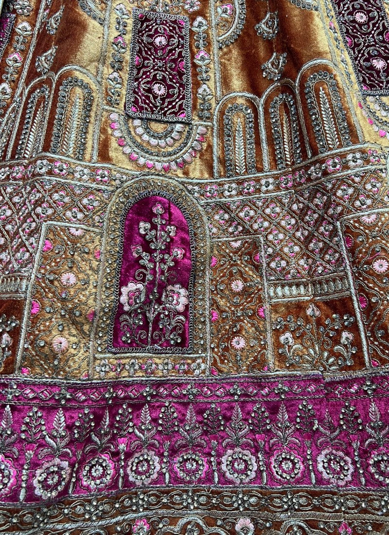 Velvet patch embroidered Mustard Lehengacholi
