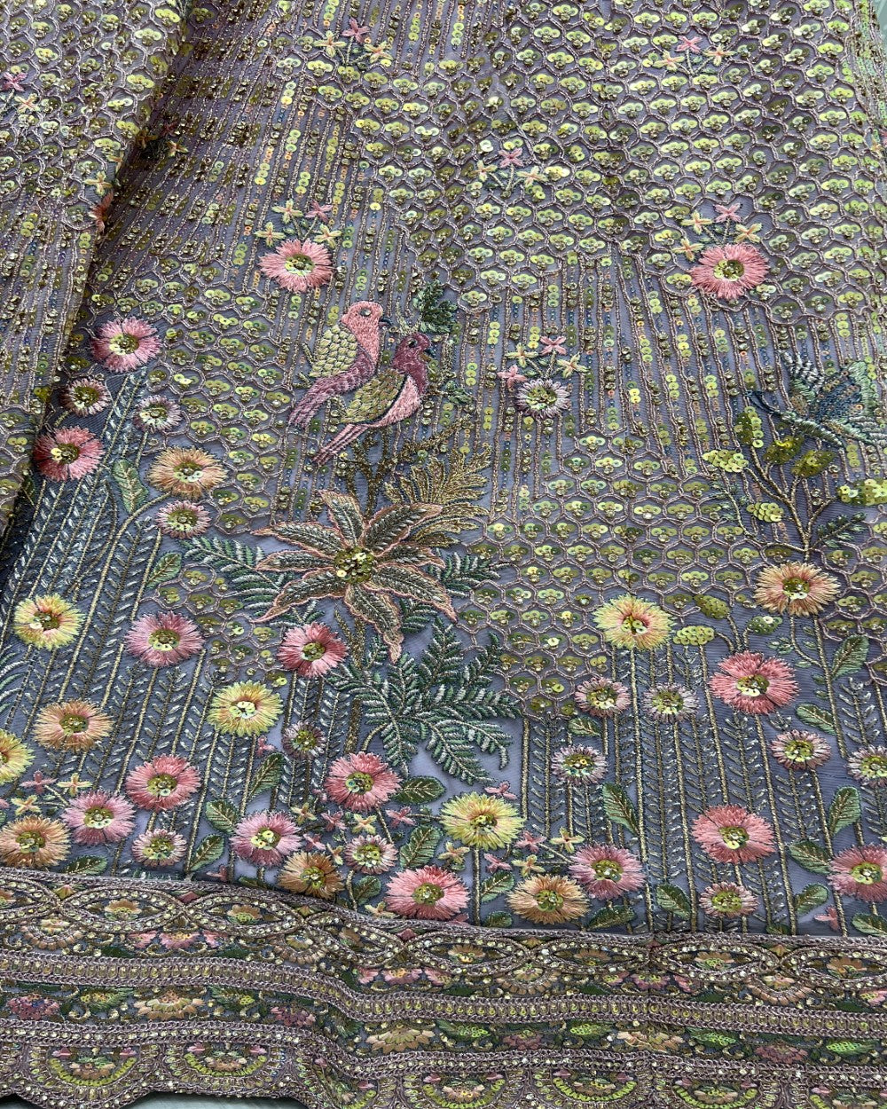 Fancy Embroidery of sequins and Zari Net Partywear Lavender Lehengacholi