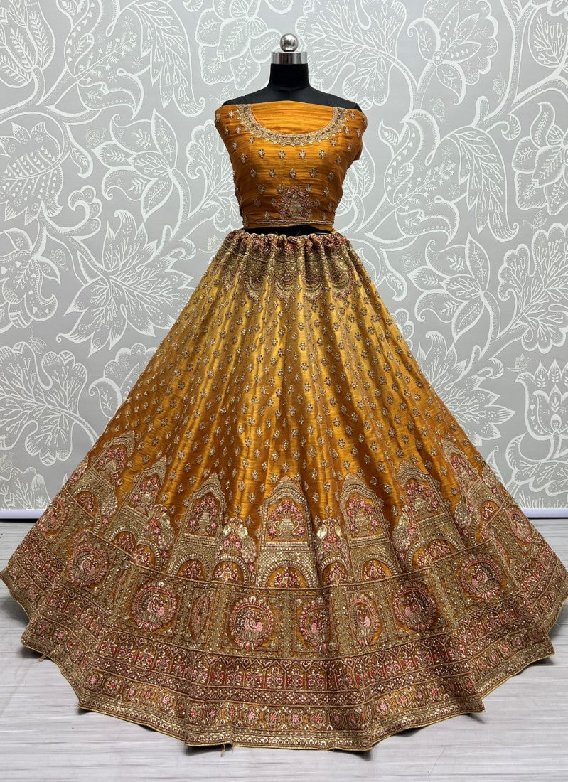 Golden Bridal shaded Net Metallic Embroidered Party wear Lehengacholi