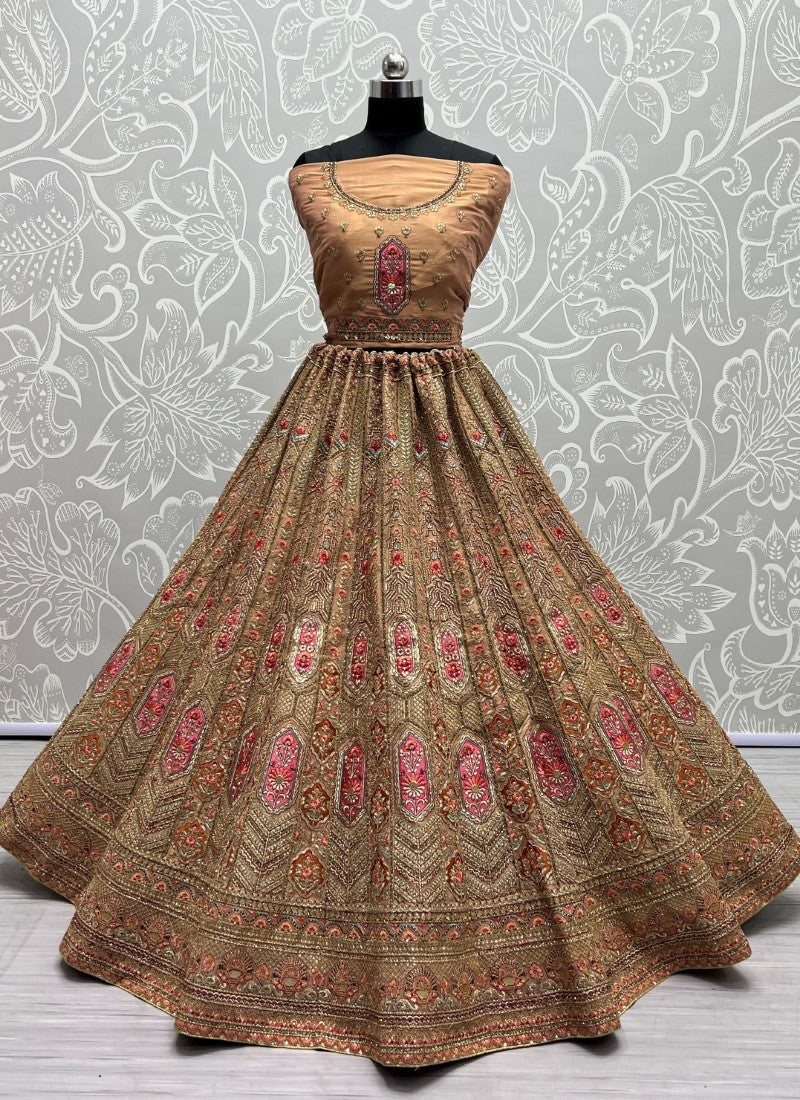 Bridal Net Metallic Embroidered Deidgner wedding Season Peach Lehengacholi