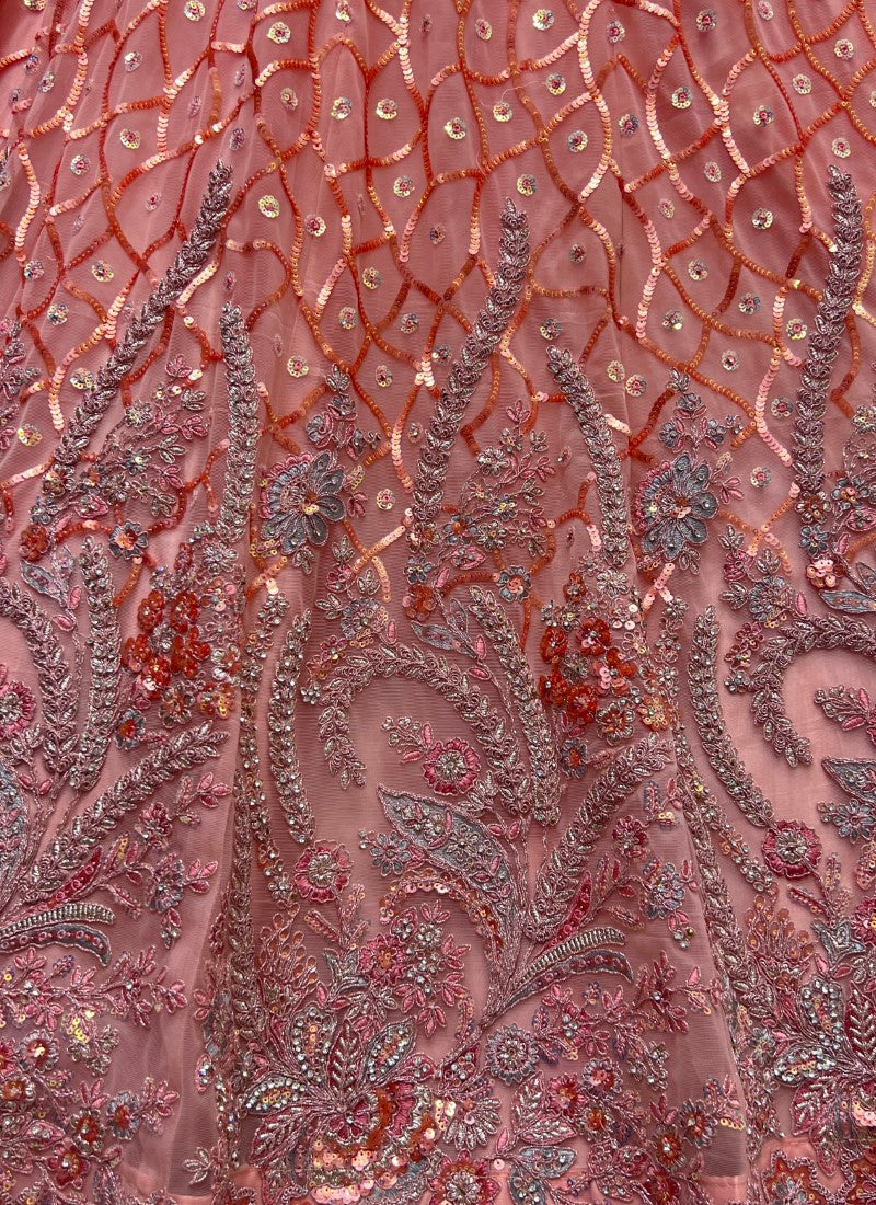 Very Well Detailed Embroidery Partywear Pink Lehengacholi