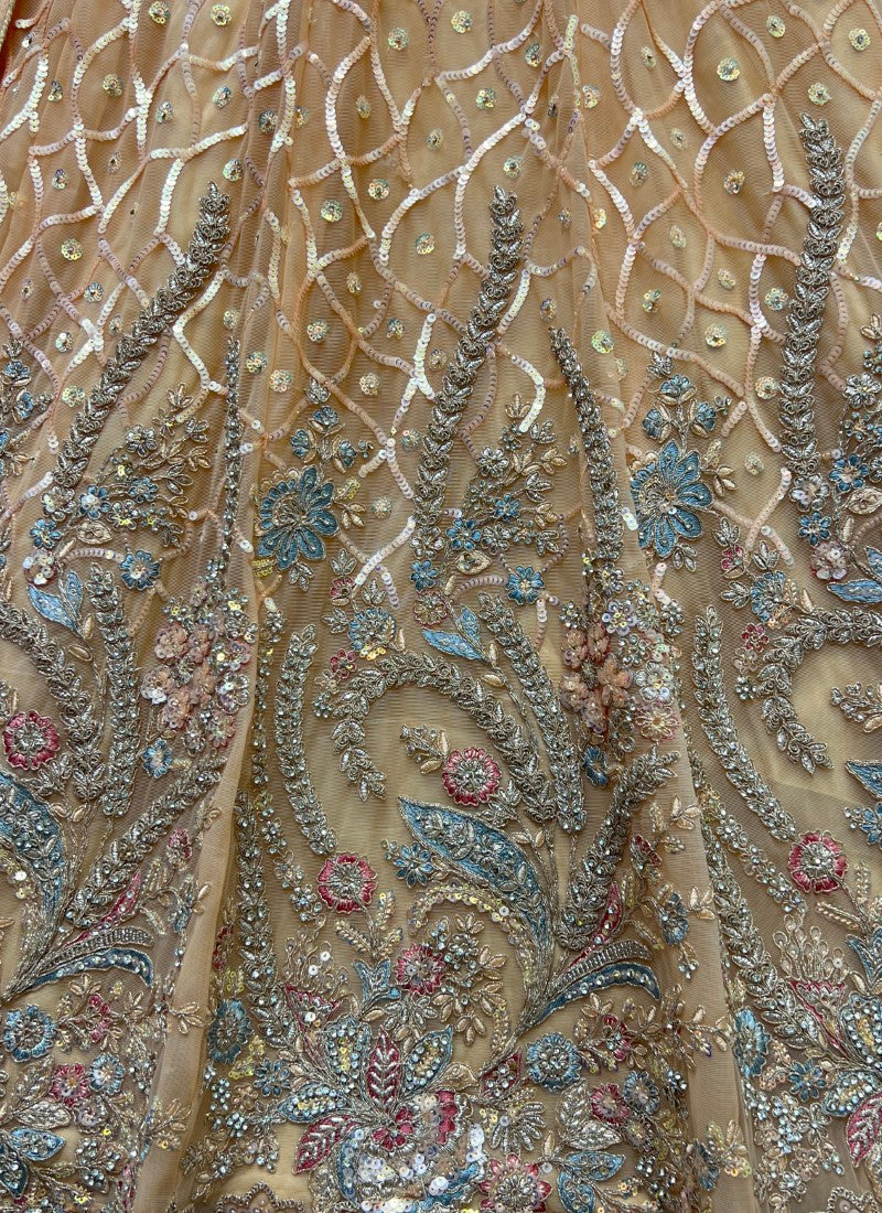Very Well Detailed Embroidery Partywear Peach Lehengacholi