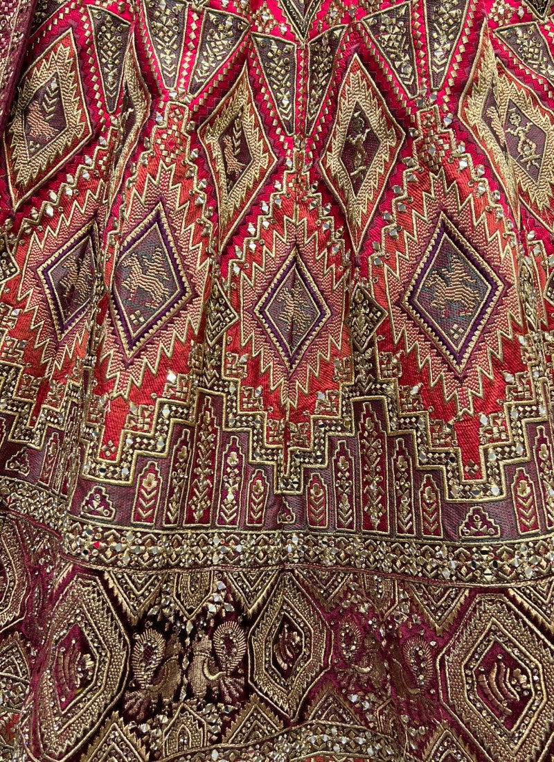 Silk Hand Mirror Crafted Multi Thread Embroidered Semi Bridal Pink Lehengacholi