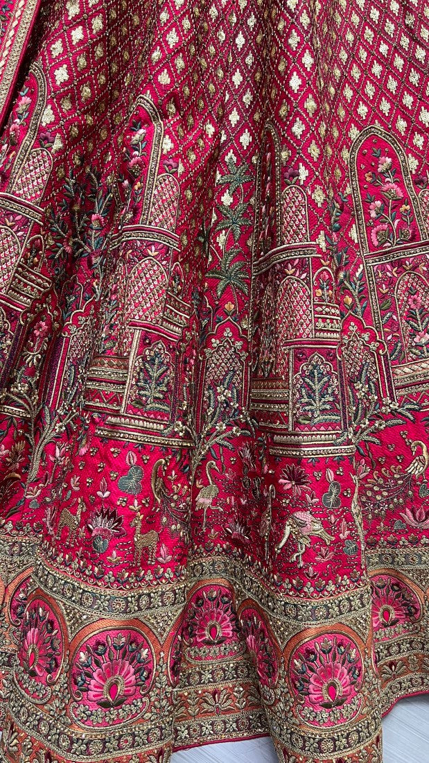 Silk Crafted Detailed Thread Embroidery in Multi Color Flaired Bridla Lehengacholi Pink