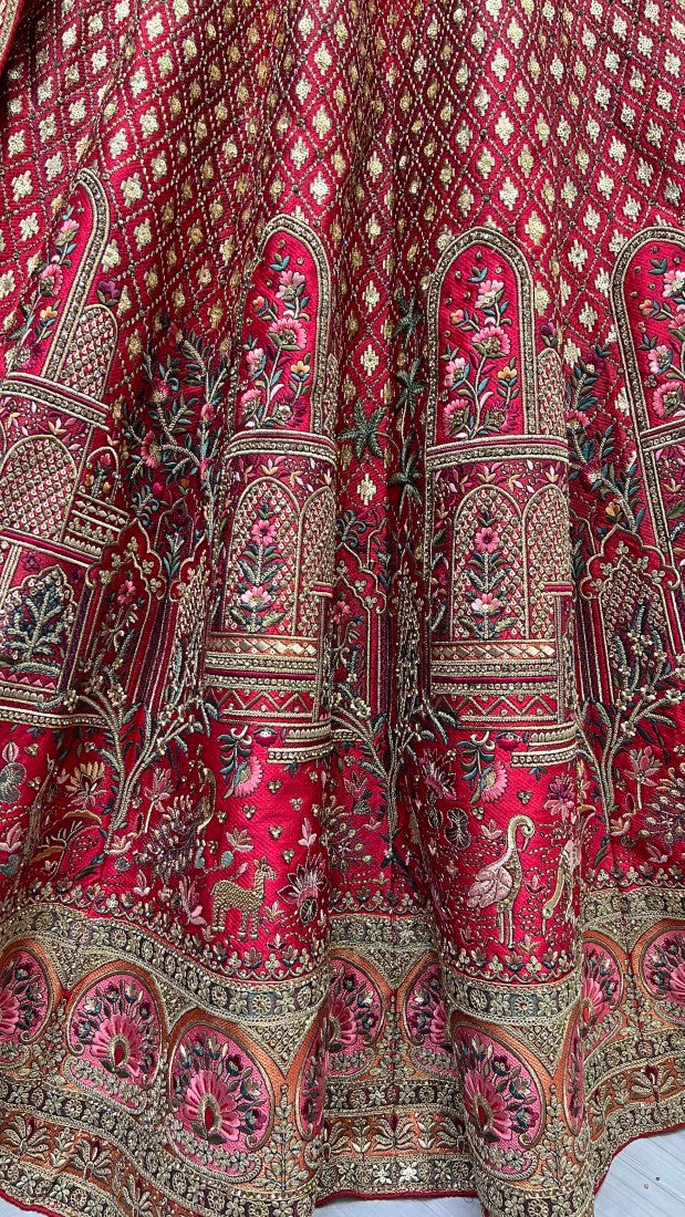 Silk Crafted Detailed Thread Embroidery in Multi Color Flaired Bridla Lehengacholi Red