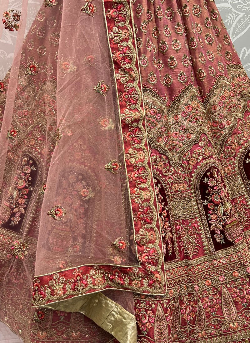 Velvet Patch Work Embroidered Bridal Net Wedding Pink Lehengacholi