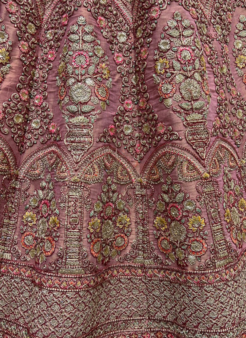 Dori Embroidered Bridla Net Crafted Designer Partywear Peach Lehengacholi