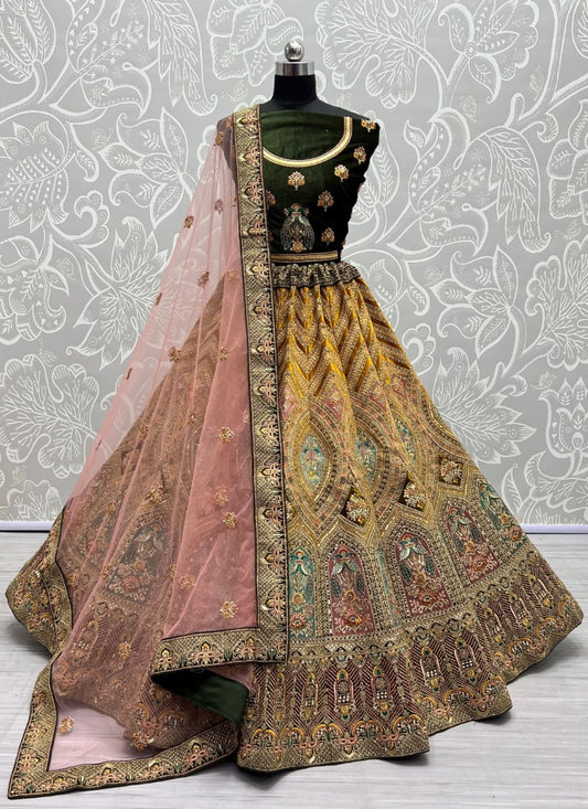 Silk Mor Embroidered Heavy Mustard Lehengacholi