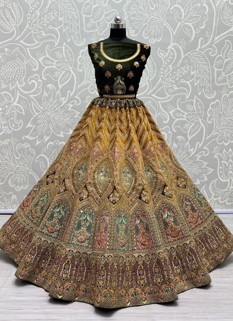Silk Mor Embroidered Heavy Mustard Lehengacholi