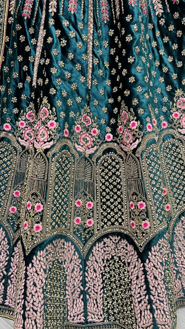 Dark Range in Velvet Embroidered with full of Zircon Diamond studded Lehenga choli Teal