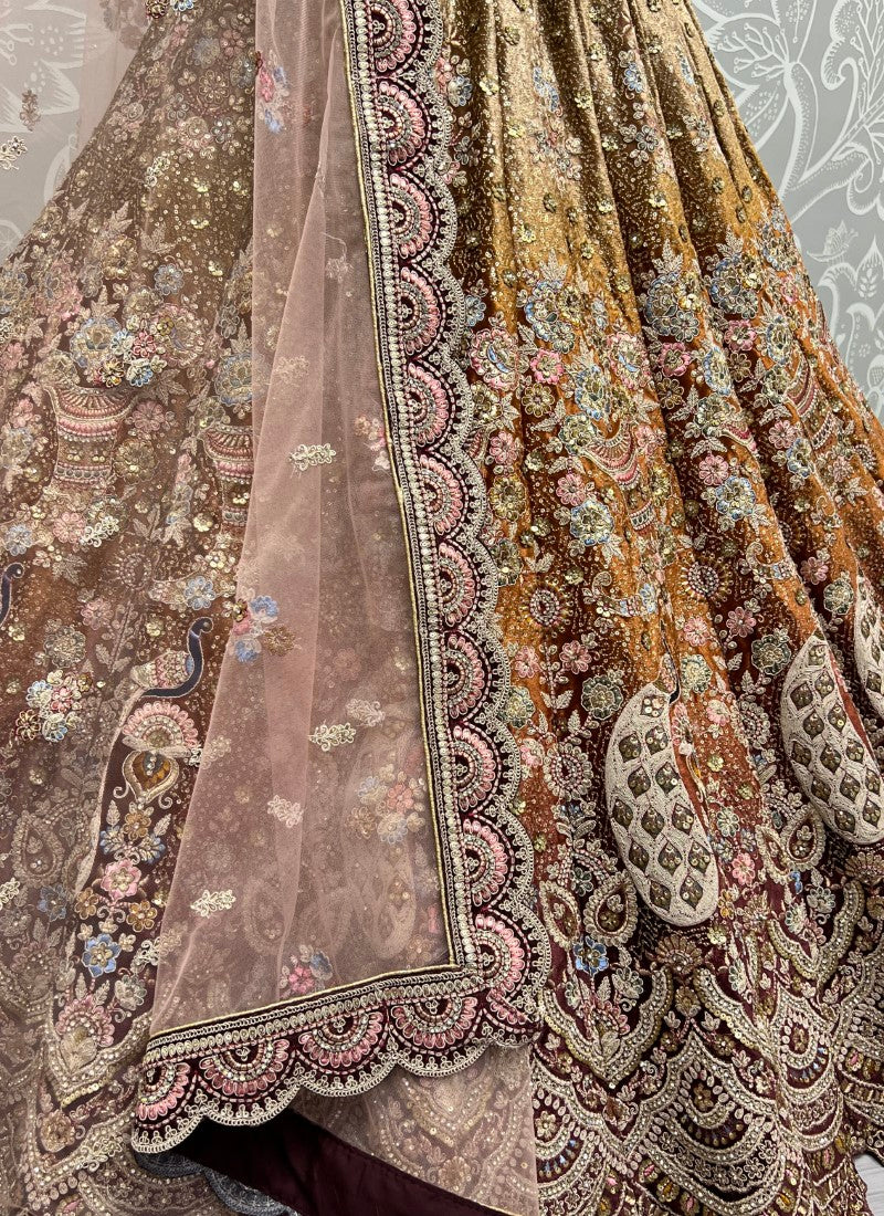 Padded Velvet Crafted Designer Embroidered with sequins Touch up Mustard Lehengacholi