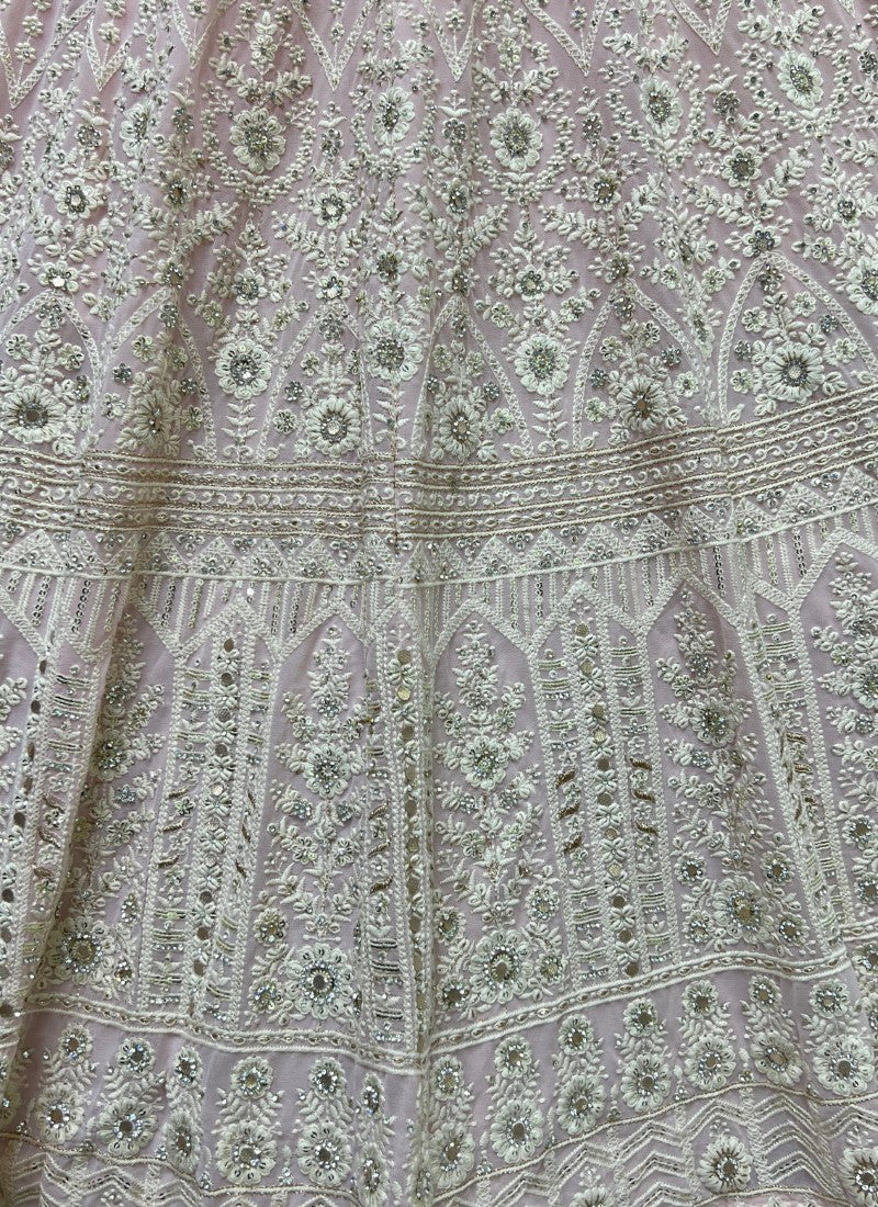 Five Meter Flaired Cotton Thread and sequins Embroidered Designer Peach Lehengacholi
