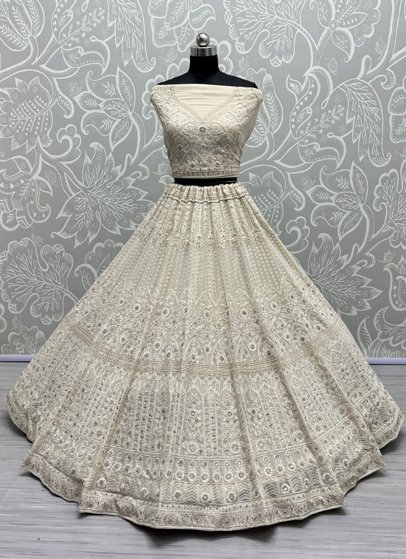 Five Meter Flaired Cotton Thread and sequins Embroidered Designer White Lehengacholi
