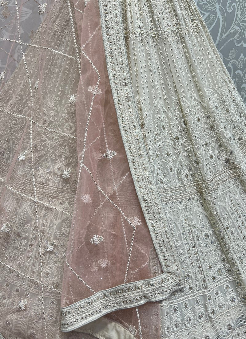 Five Meter Flaired Cotton Thread and sequins Embroidered Designer White Lehengacholi