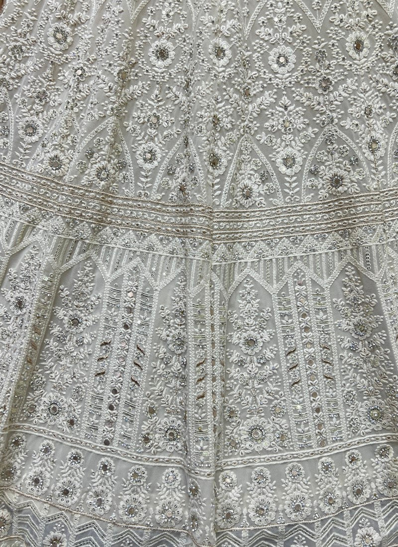 Five Meter Flaired Cotton Thread and sequins Embroidered Designer White Lehengacholi