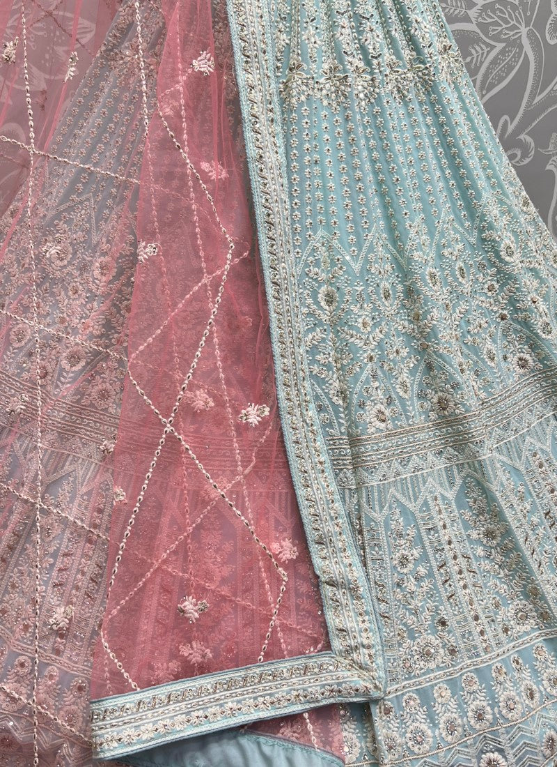 Five Meter Flaired Cotton Thread and sequins Embroidered Designer Sky Lehengacholi