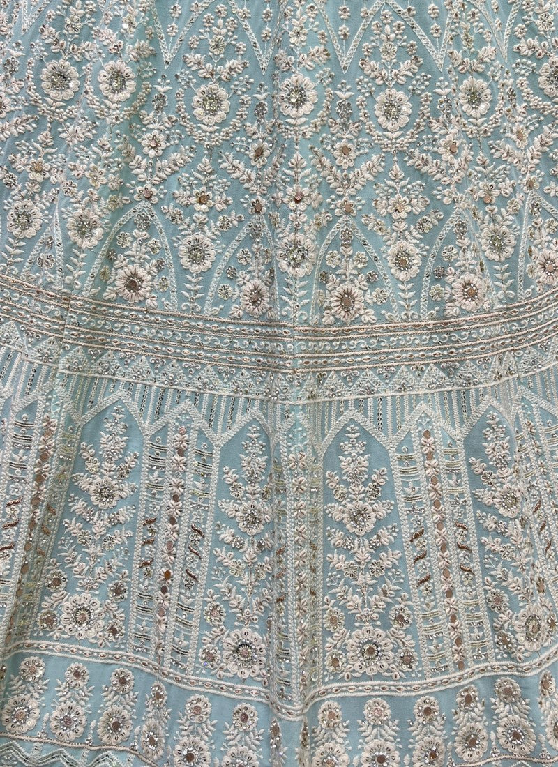 Five Meter Flaired Cotton Thread and sequins Embroidered Designer Sky Lehengacholi