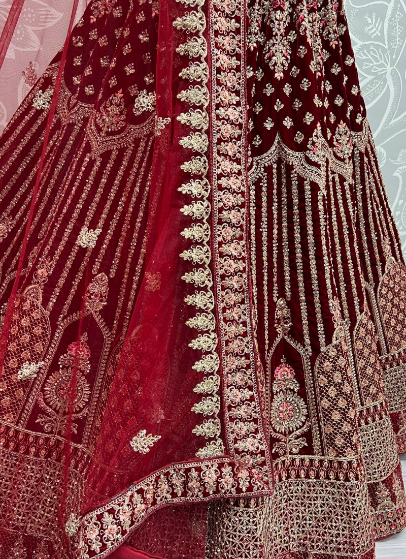 Heavy work Embroidered Maroon Velvet Lehenga choli