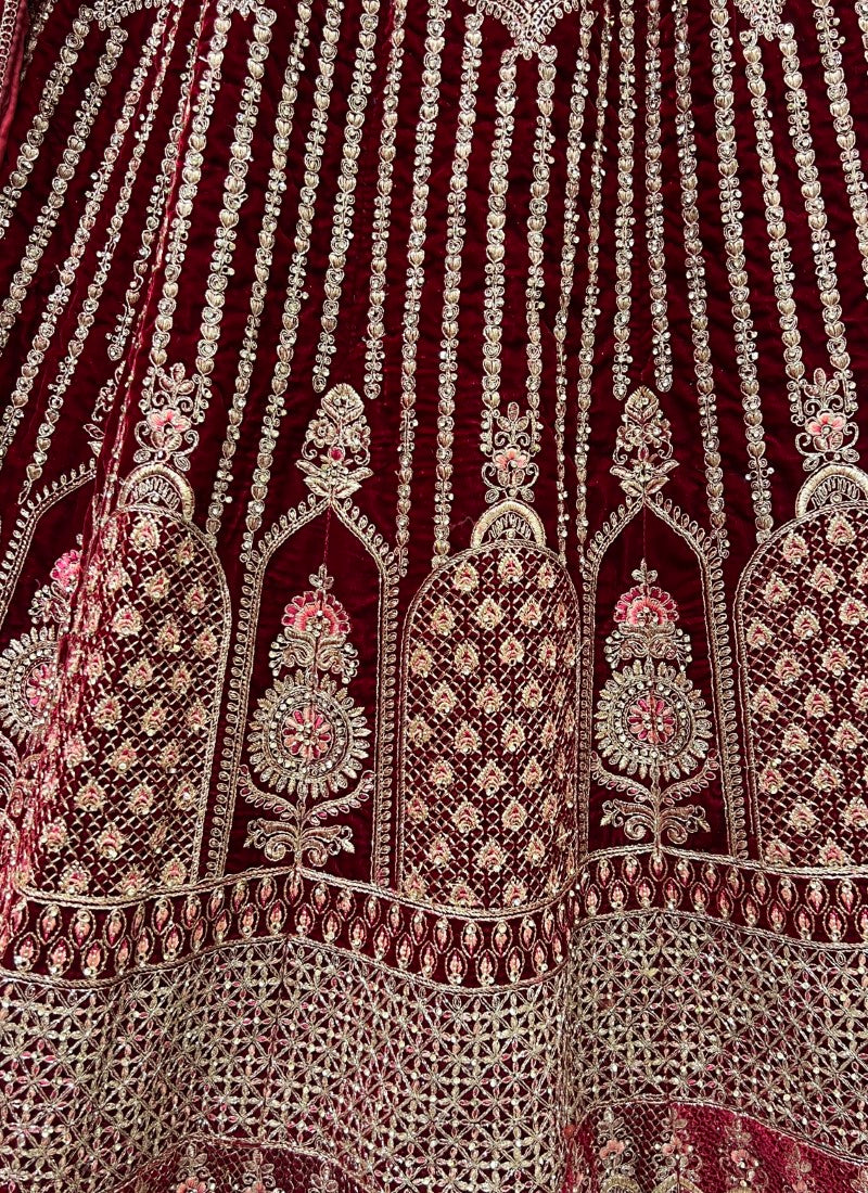 Heavy work Embroidered Maroon Velvet Lehenga choli