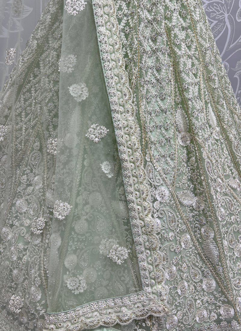Dori and Zircon Diamond Combine Designer Partywear Mint Lehengacholi