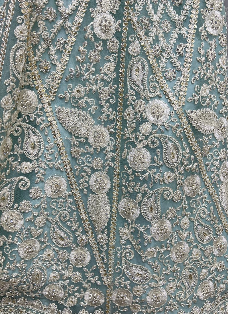 Dori and Zircon Diamond Combine Designer Partywear Aqua Lehengacholi