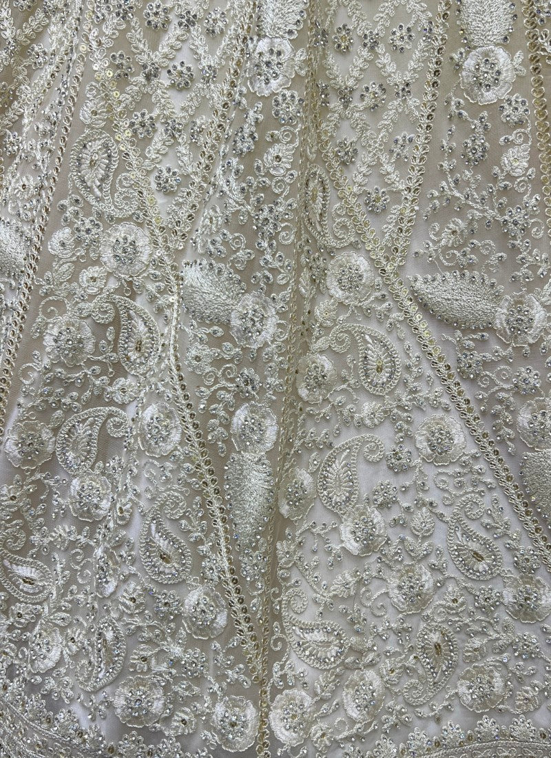 Dori and Zircon Diamond Combine Designer Partywear Beige Lehengacholi