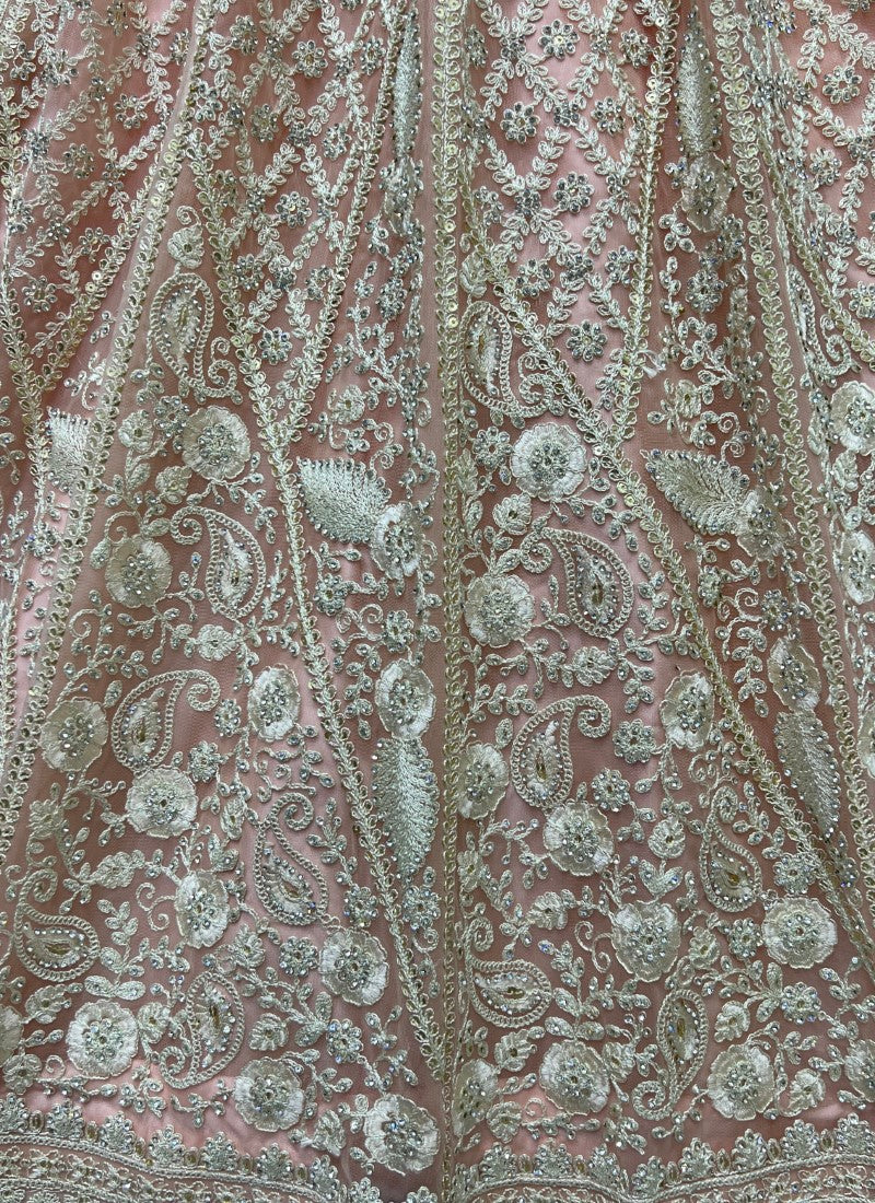 Dori and Zircon Diamond Combine Designer Partywear Peach Lehengacholi