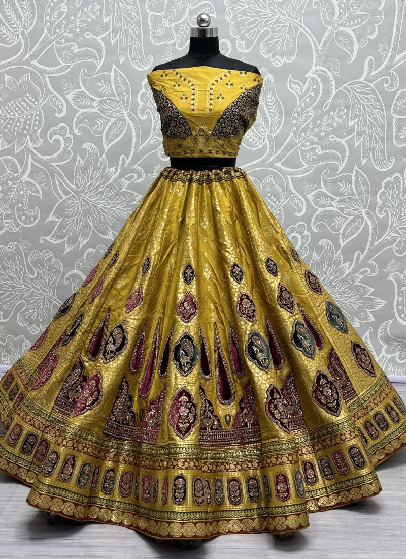 Velvet Embroidered Patch work on Banarasi Fabric Designer Partywear Lehenga choli Golden
