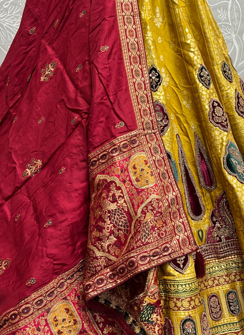 Velvet Embroidered Patch work on Banarasi Fabric Designer Partywear Lehenga choli Golden