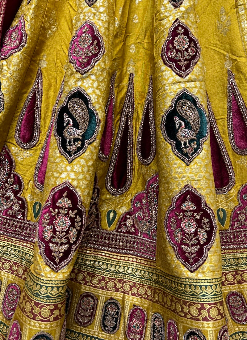 Velvet Embroidered Patch work on Banarasi Fabric Designer Partywear Lehenga choli Golden