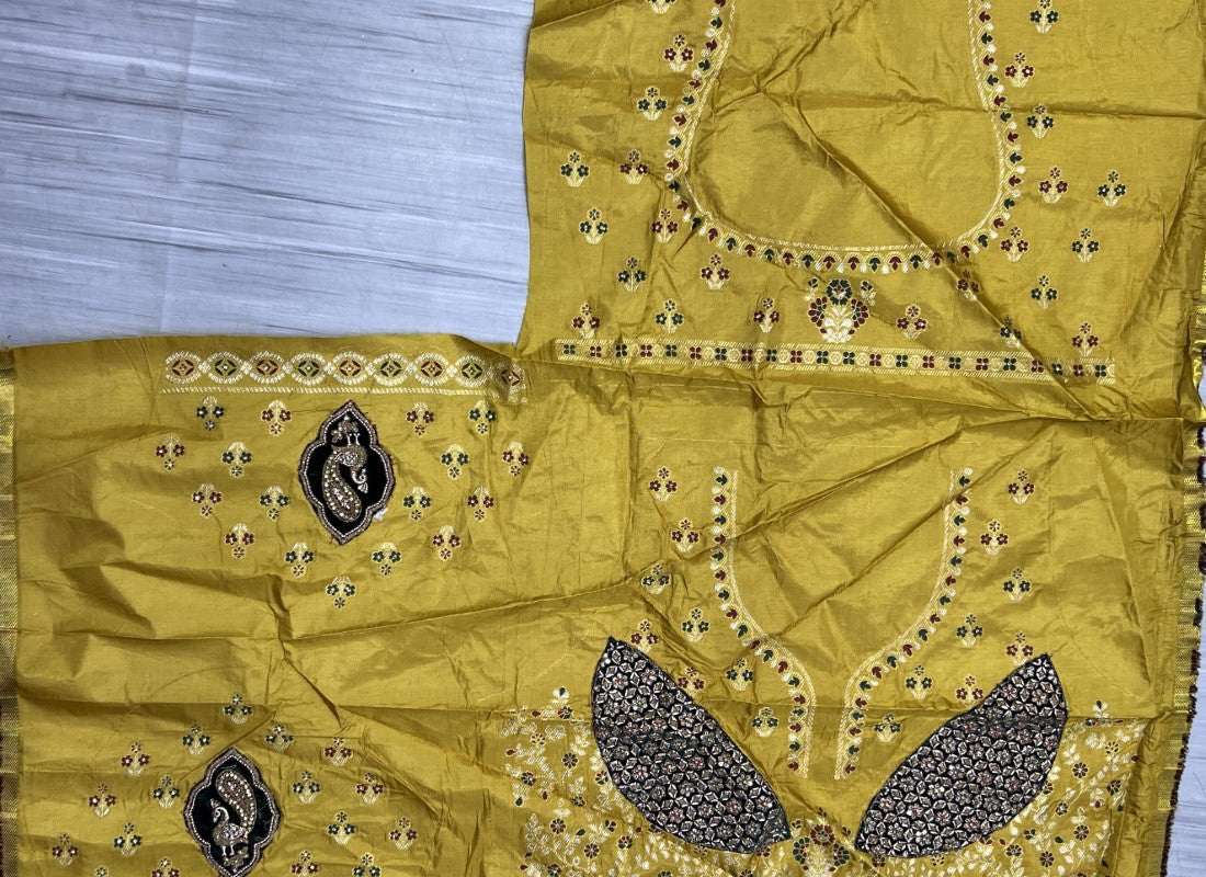 Velvet Embroidered Patch work on Banarasi Fabric Designer Partywear Lehenga choli Golden