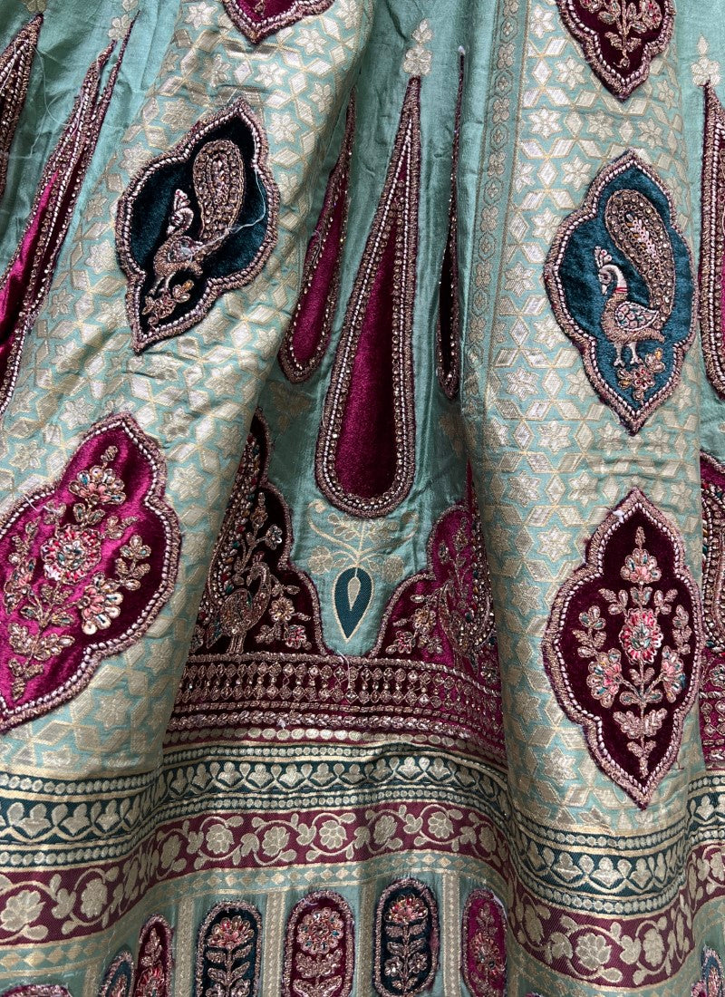 Velvet Embroidered Patch work on Banarasi Fabric Designer Partywear Lehenga choli Green