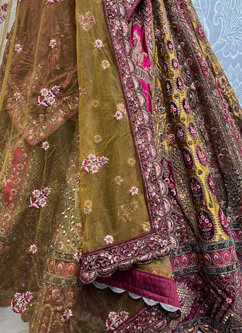 Fancy Embroidered with Crafted Designer bridal Lehengacholi Mustard