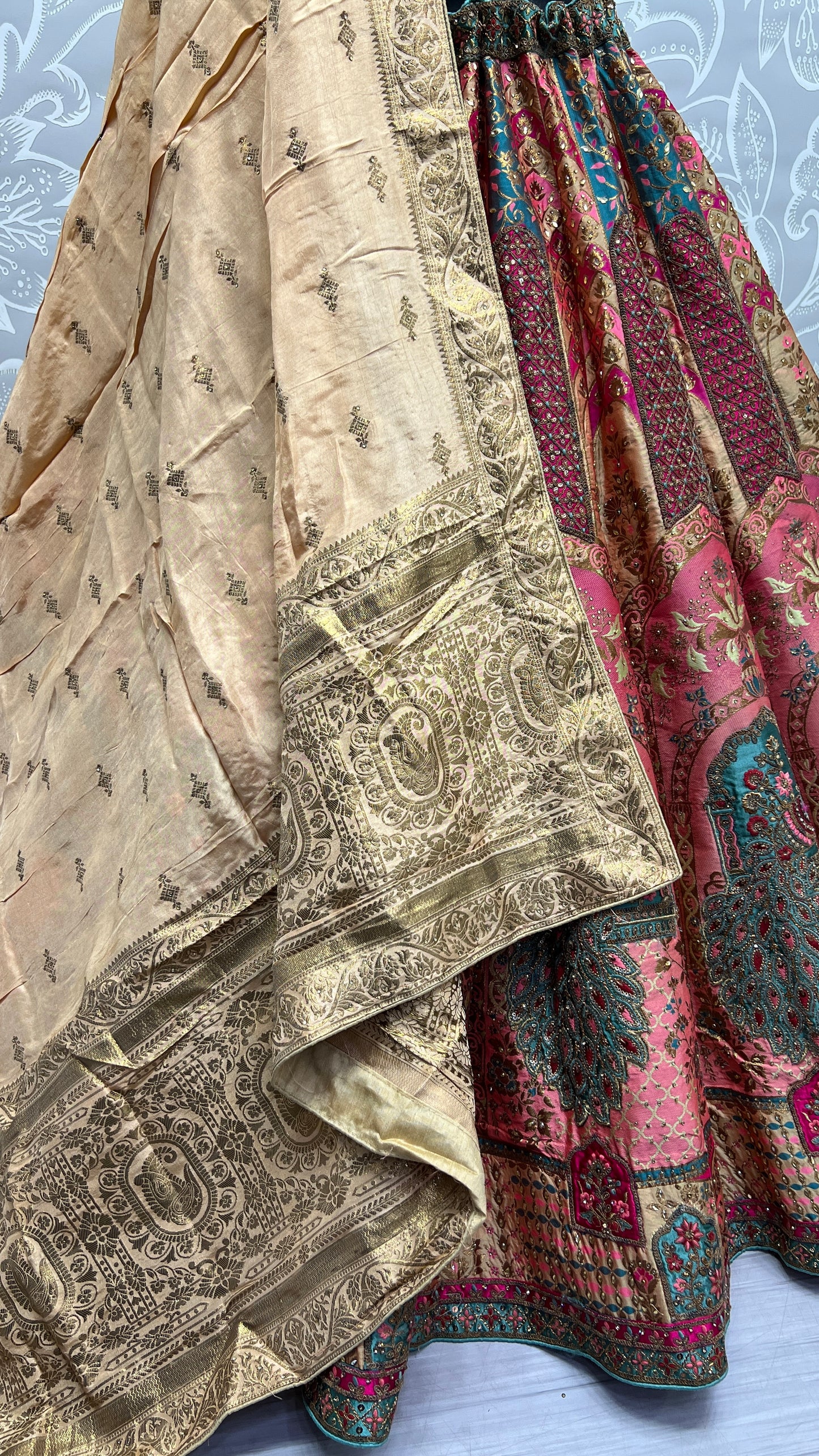 Banarasi silk and Machine Embroidery combine partywear Lehengacholi Pink