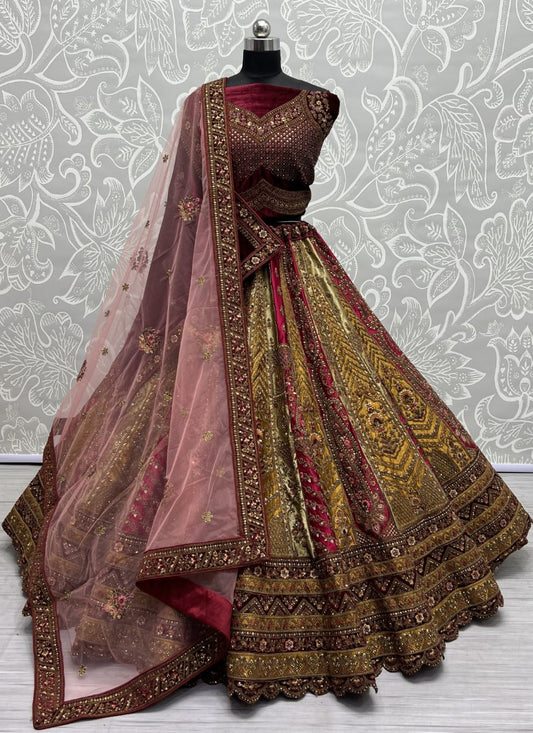 Mustard Colour designer bridal Lehengacholi combine with double colour velvet