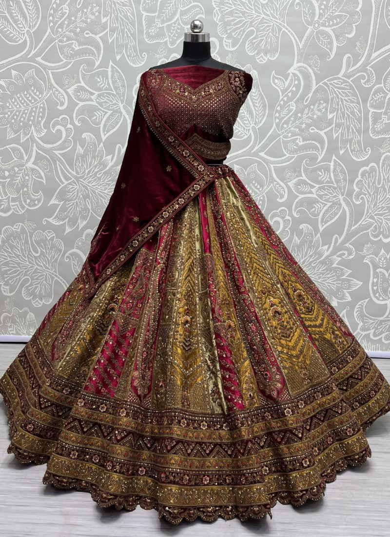 Mustard Colour designer bridal Lehengacholi combine with double colour velvet
