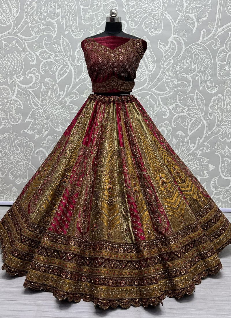 Mustard Colour designer bridal Lehengacholi combine with double colour velvet