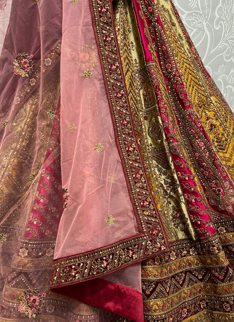 Mustard Colour designer bridal Lehengacholi combine with double colour velvet