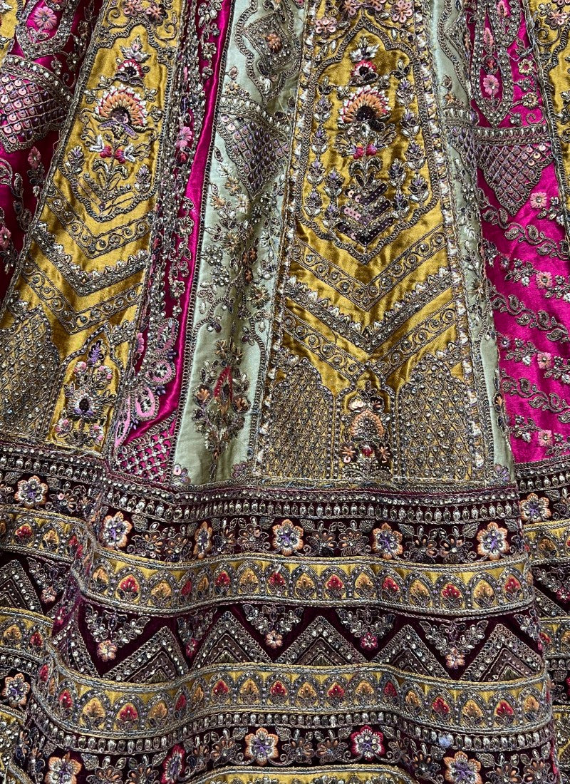Mustard Colour designer bridal Lehengacholi combine with double colour velvet
