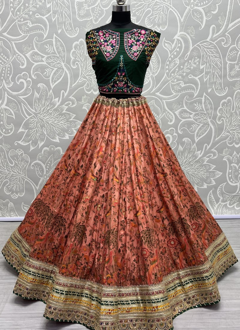 Meena Silk Carfted Printed Lehenga with Pure Bandhani Dupatta style partywear Lehengacholi Peach