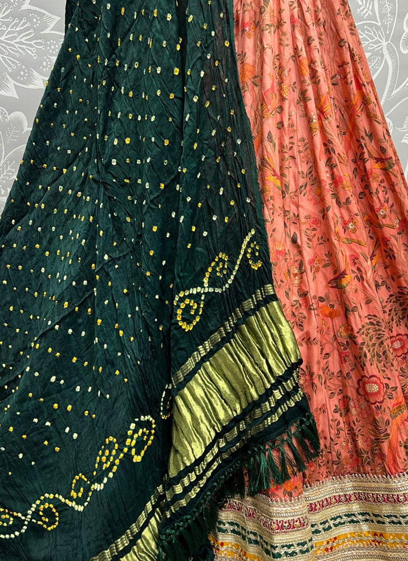 Meena Silk Carfted Printed Lehenga with Pure Bandhani Dupatta style partywear Lehengacholi Peach